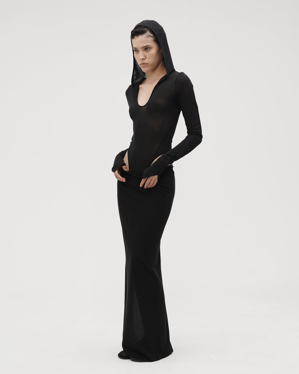 HOODED BODYSUIT IN BLACK