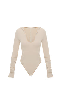 HOODED BODYSUIT IN BEIGE