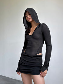 HOODED BODYSUIT IN BLACK