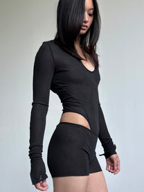 HOODED BODYSUIT IN BLACK
