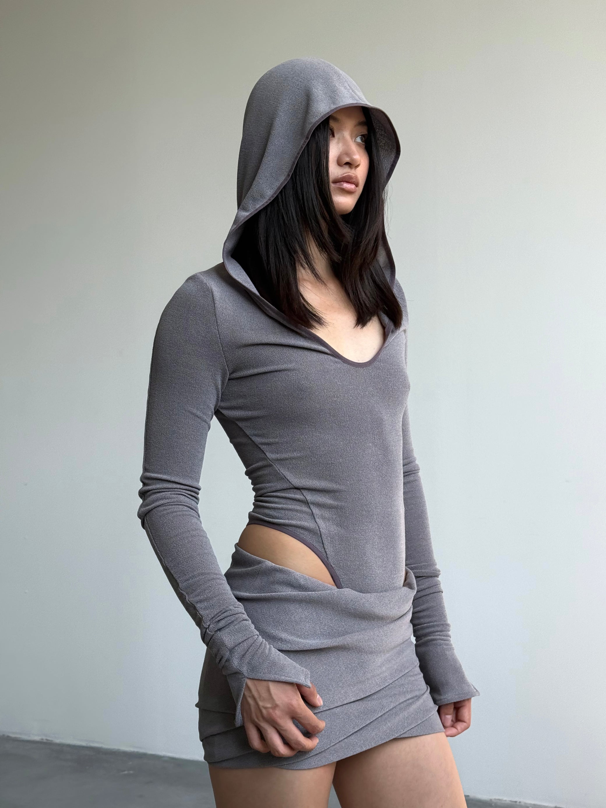 HOODED BODYSUIT IN AMETHYST