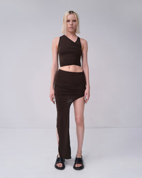 DRAPED SKIRT WITH ELONGATED DETAIL IN BROWN