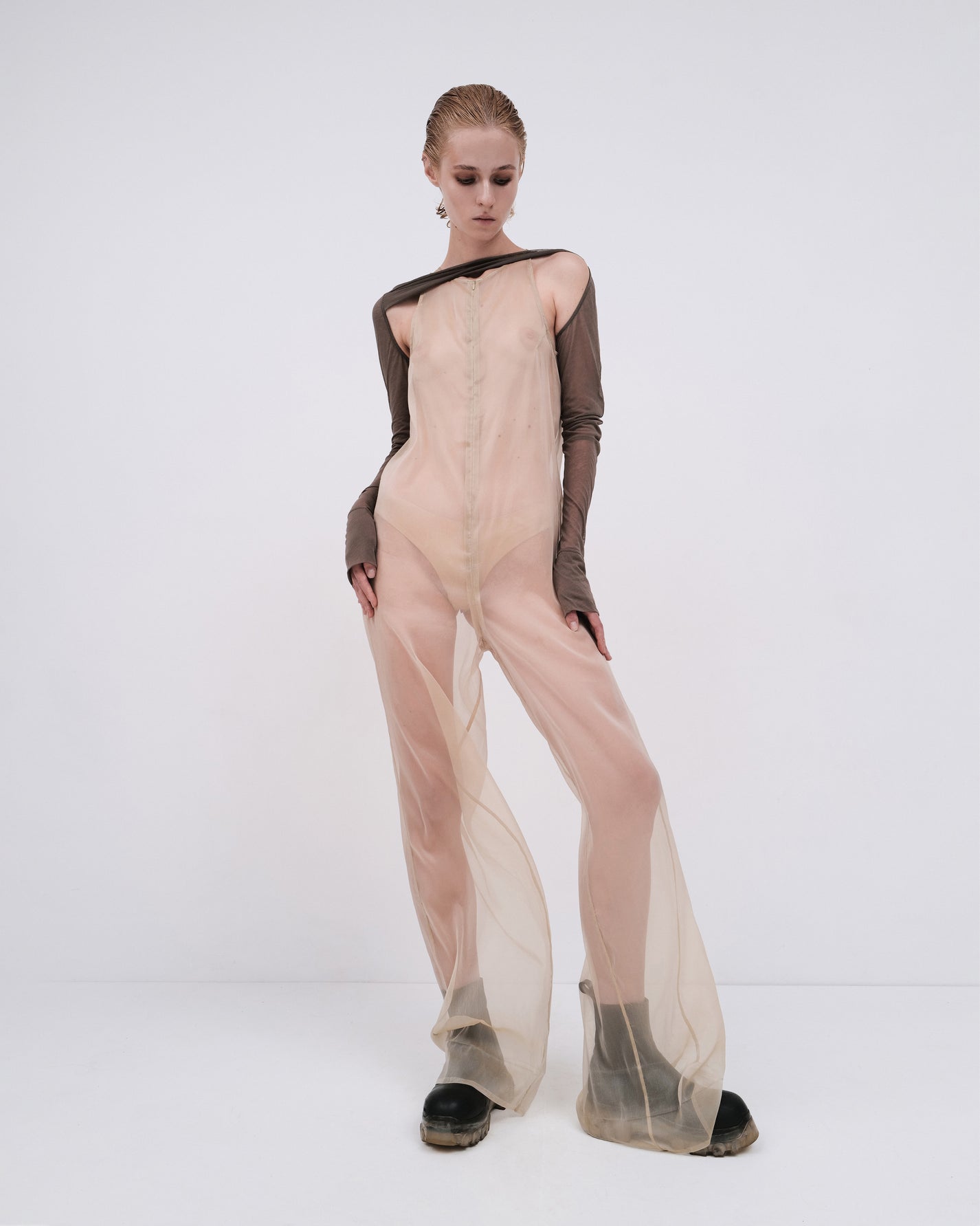 TRANSPARENT JUMPSUIT IN DUST GREEN
