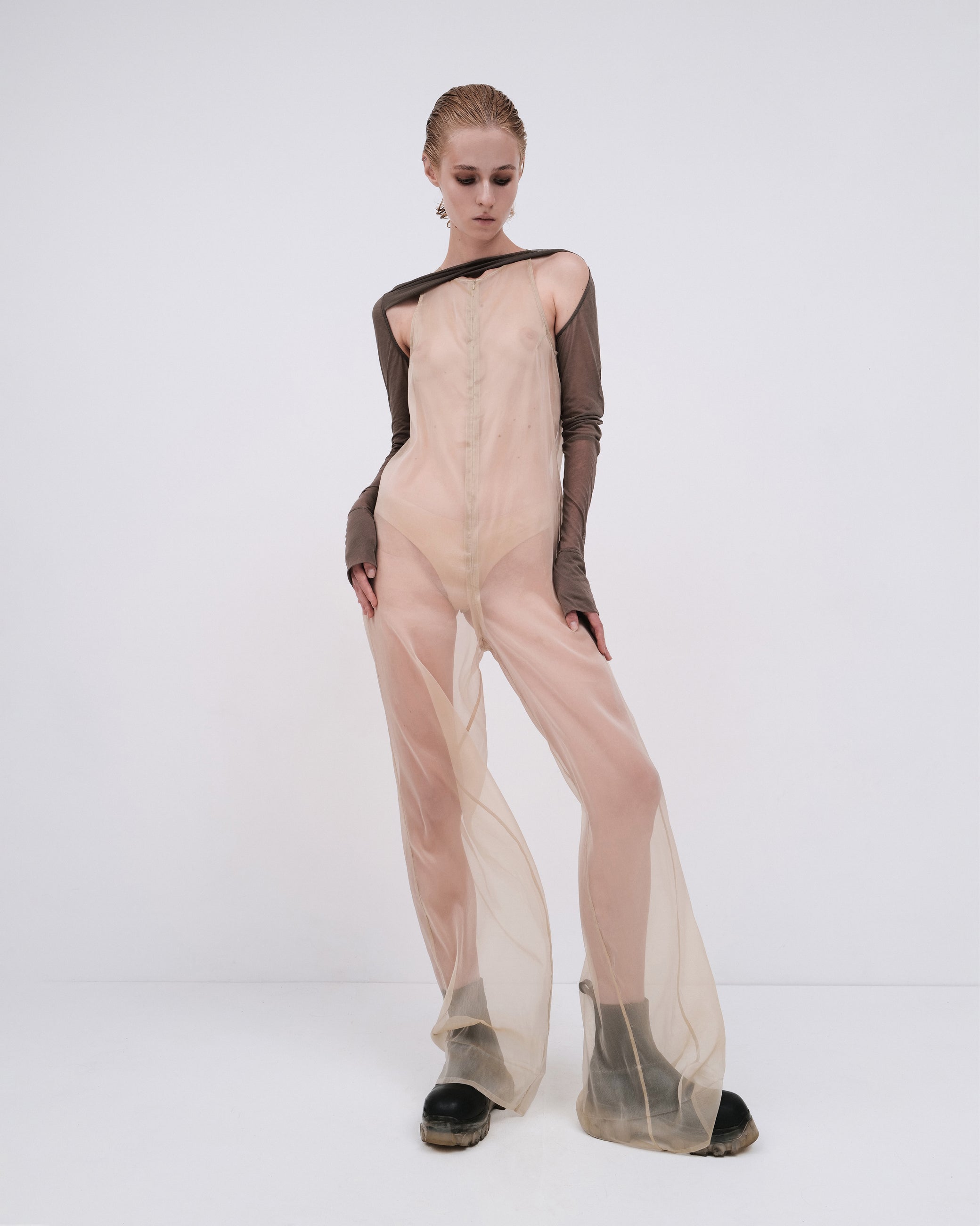 TRANSPARENT JUMPSUIT IN DUST GREEN