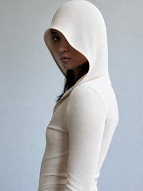 HOODED BODYSUIT IN BEIGE
